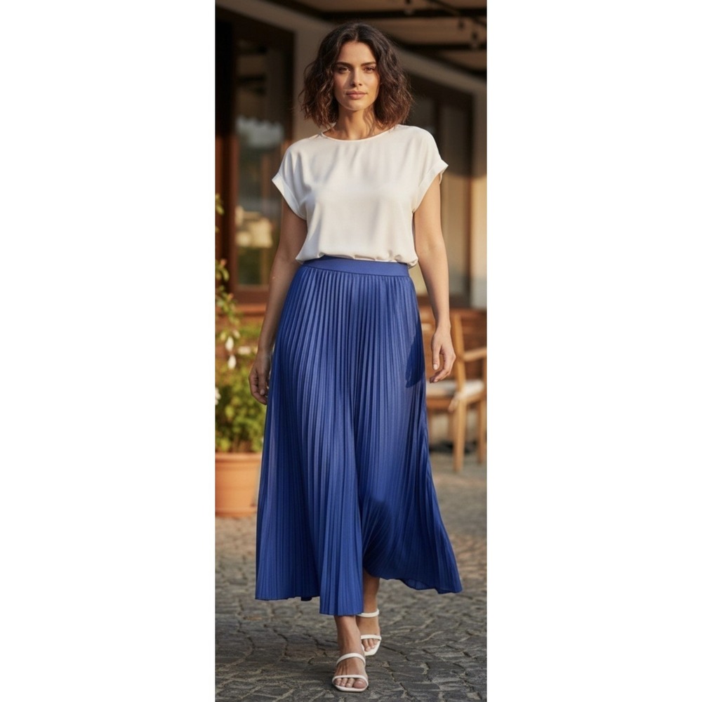 Vtg Pleated Satin Royal Blue Maxi Skirt Pull On M Metrowear